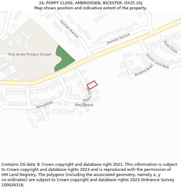 24, POPPY CLOSE, AMBROSDEN, BICESTER, OX25 2AJ: Location map and indicative extent of plot