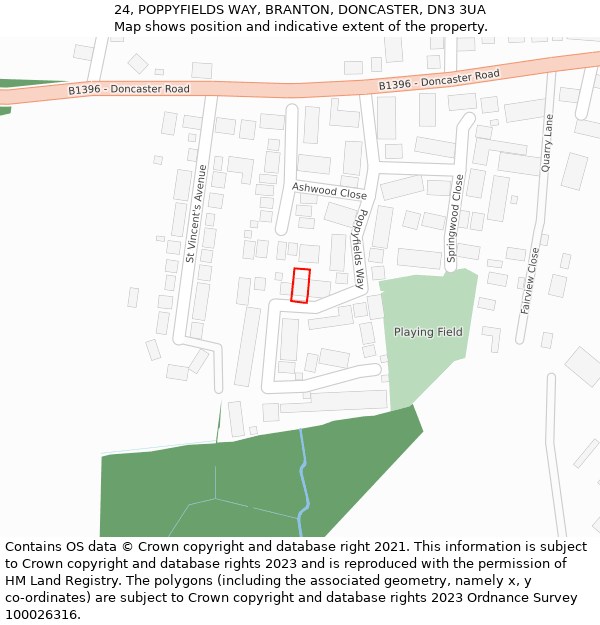 24, POPPYFIELDS WAY, BRANTON, DONCASTER, DN3 3UA: Location map and indicative extent of plot