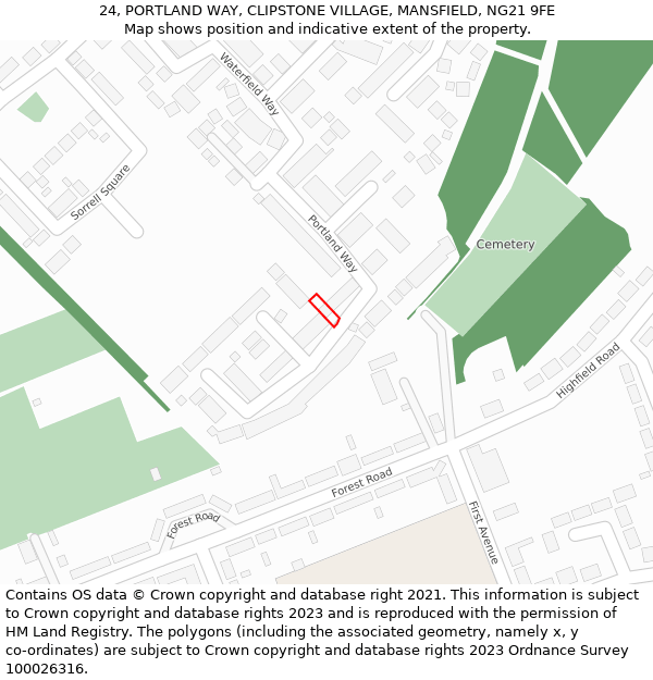 24, PORTLAND WAY, CLIPSTONE VILLAGE, MANSFIELD, NG21 9FE: Location map and indicative extent of plot