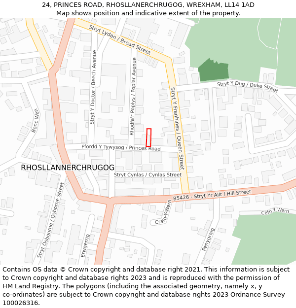 24, PRINCES ROAD, RHOSLLANERCHRUGOG, WREXHAM, LL14 1AD: Location map and indicative extent of plot