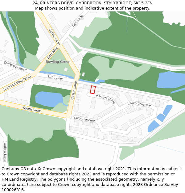 24, PRINTERS DRIVE, CARRBROOK, STALYBRIDGE, SK15 3FN: Location map and indicative extent of plot