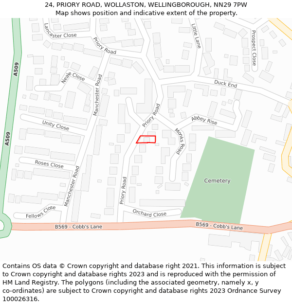 24, PRIORY ROAD, WOLLASTON, WELLINGBOROUGH, NN29 7PW: Location map and indicative extent of plot