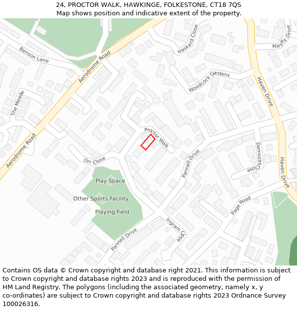 24, PROCTOR WALK, HAWKINGE, FOLKESTONE, CT18 7QS: Location map and indicative extent of plot