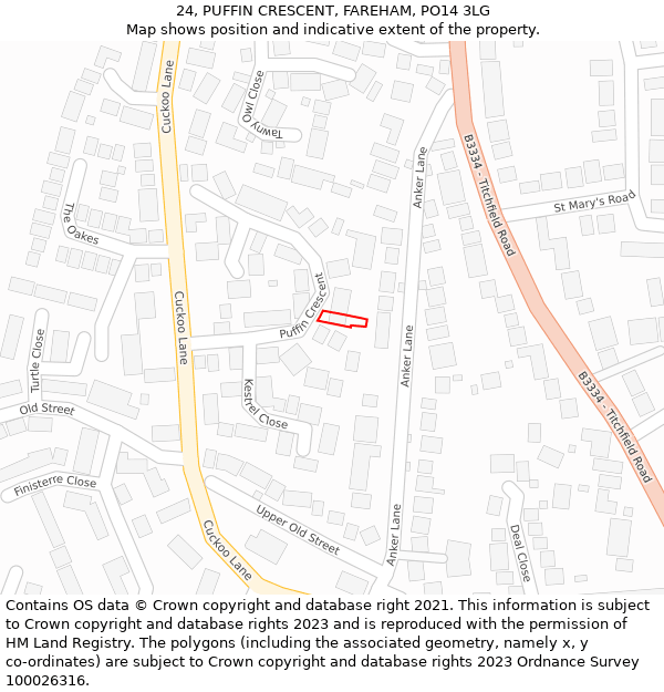 24, PUFFIN CRESCENT, FAREHAM, PO14 3LG: Location map and indicative extent of plot