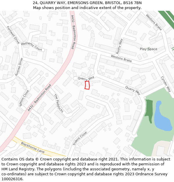 24, QUARRY WAY, EMERSONS GREEN, BRISTOL, BS16 7BN: Location map and indicative extent of plot