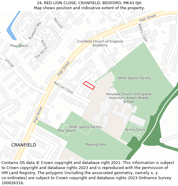 24, RED LION CLOSE, CRANFIELD, BEDFORD, MK43 0JA: Location map and indicative extent of plot