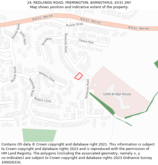 24, REDLANDS ROAD, FREMINGTON, BARNSTAPLE, EX31 2NY: Location map and indicative extent of plot