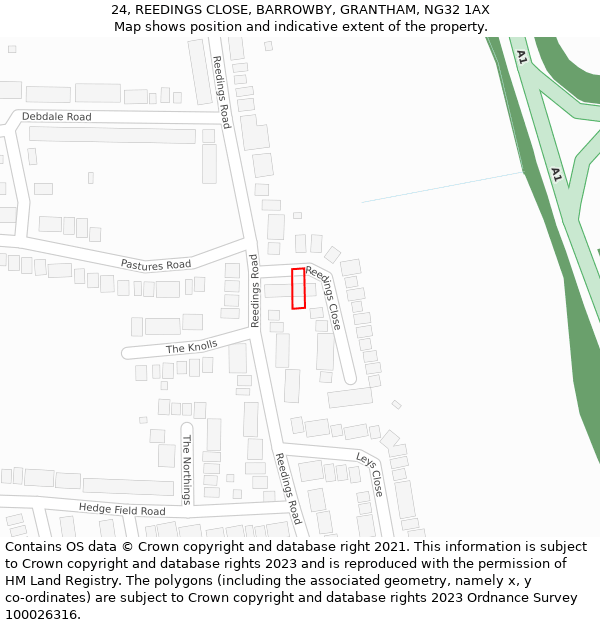 24, REEDINGS CLOSE, BARROWBY, GRANTHAM, NG32 1AX: Location map and indicative extent of plot