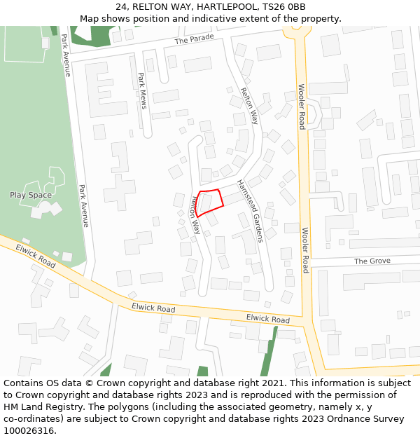 24, RELTON WAY, HARTLEPOOL, TS26 0BB: Location map and indicative extent of plot