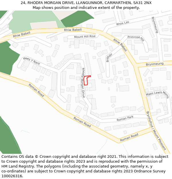 24, RHODFA MORGAN DRIVE, LLANGUNNOR, CARMARTHEN, SA31 2NX: Location map and indicative extent of plot