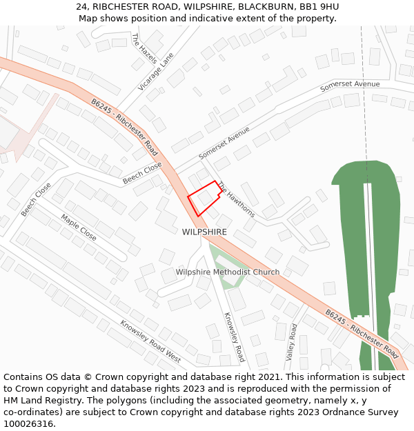 24, RIBCHESTER ROAD, WILPSHIRE, BLACKBURN, BB1 9HU: Location map and indicative extent of plot