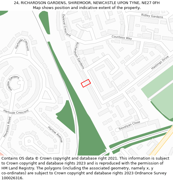 24, RICHARDSON GARDENS, SHIREMOOR, NEWCASTLE UPON TYNE, NE27 0FH: Location map and indicative extent of plot