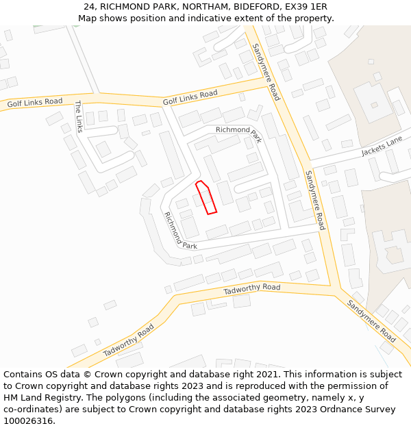24, RICHMOND PARK, NORTHAM, BIDEFORD, EX39 1ER: Location map and indicative extent of plot