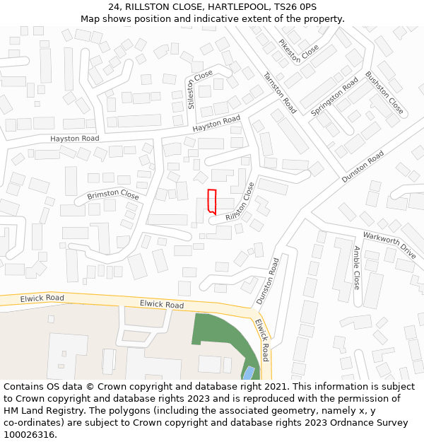 24, RILLSTON CLOSE, HARTLEPOOL, TS26 0PS: Location map and indicative extent of plot