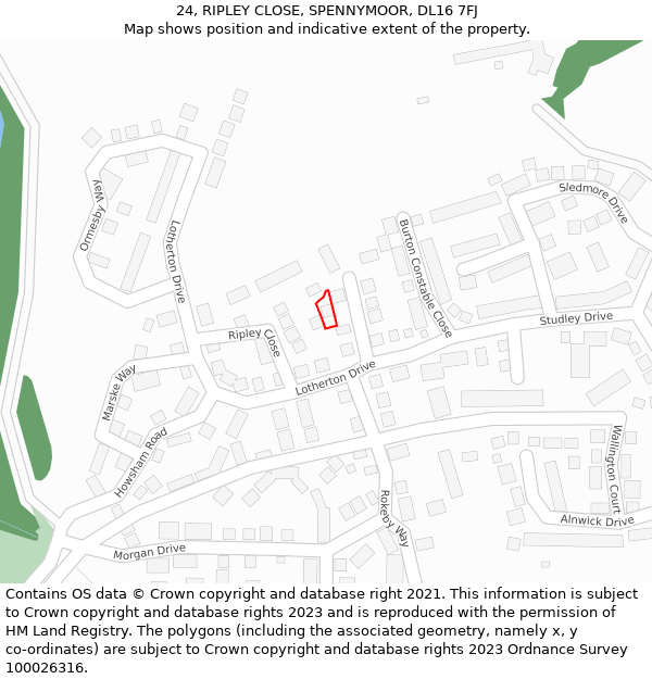 24, RIPLEY CLOSE, SPENNYMOOR, DL16 7FJ: Location map and indicative extent of plot