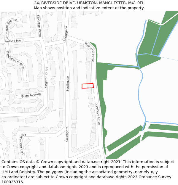 24, RIVERSIDE DRIVE, URMSTON, MANCHESTER, M41 9FL: Location map and indicative extent of plot