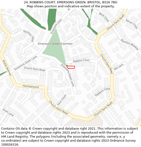 24, ROBBINS COURT, EMERSONS GREEN, BRISTOL, BS16 7BG: Location map and indicative extent of plot