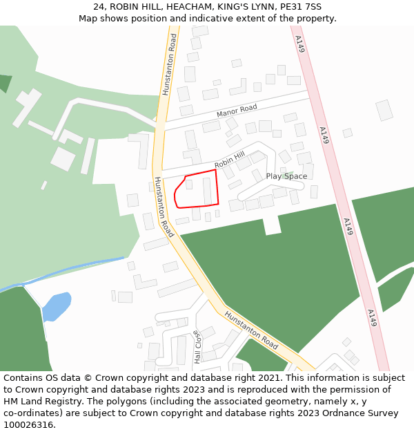 24, ROBIN HILL, HEACHAM, KING'S LYNN, PE31 7SS: Location map and indicative extent of plot