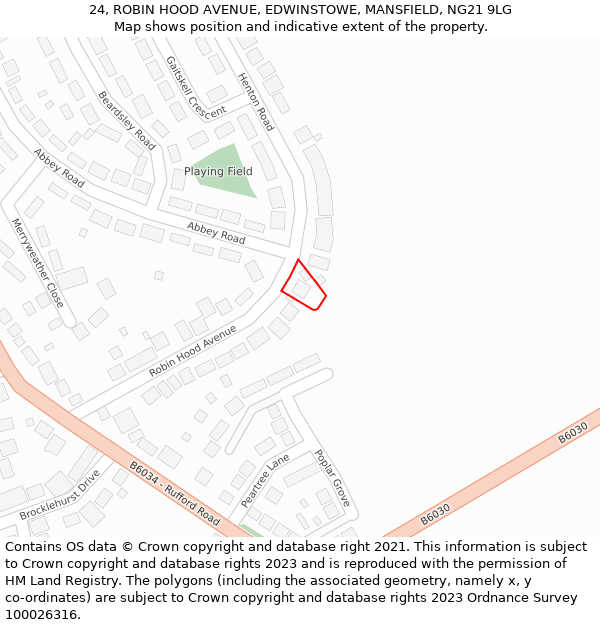 24, ROBIN HOOD AVENUE, EDWINSTOWE, MANSFIELD, NG21 9LG: Location map and indicative extent of plot