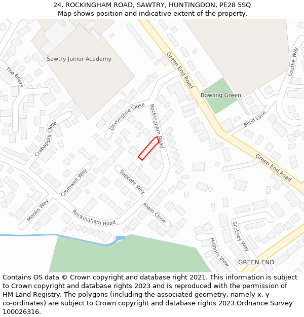 24, ROCKINGHAM ROAD, SAWTRY, HUNTINGDON, PE28 5SQ: Location map and indicative extent of plot