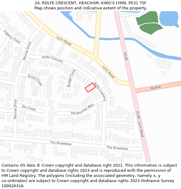 24, ROLFE CRESCENT, HEACHAM, KING'S LYNN, PE31 7SF: Location map and indicative extent of plot