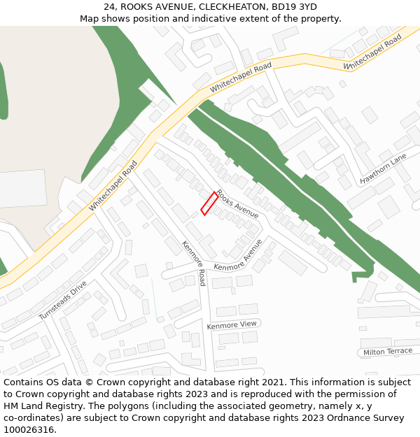 24, ROOKS AVENUE, CLECKHEATON, BD19 3YD: Location map and indicative extent of plot