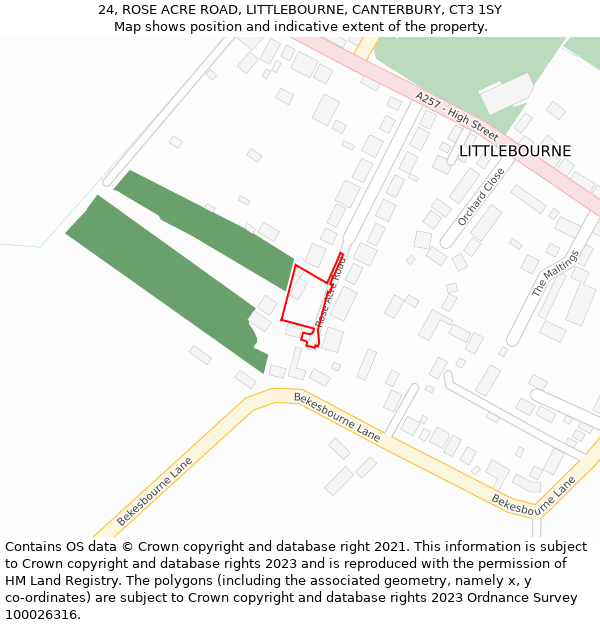 24, ROSE ACRE ROAD, LITTLEBOURNE, CANTERBURY, CT3 1SY: Location map and indicative extent of plot