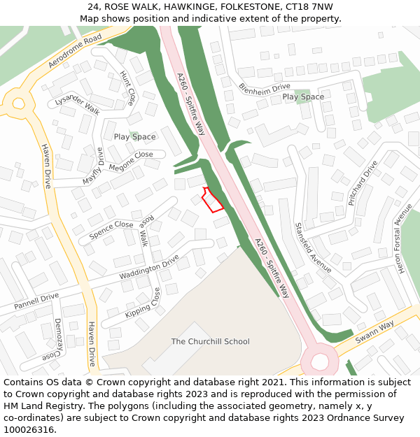 24, ROSE WALK, HAWKINGE, FOLKESTONE, CT18 7NW: Location map and indicative extent of plot