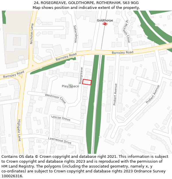 24, ROSEGREAVE, GOLDTHORPE, ROTHERHAM, S63 9GG: Location map and indicative extent of plot