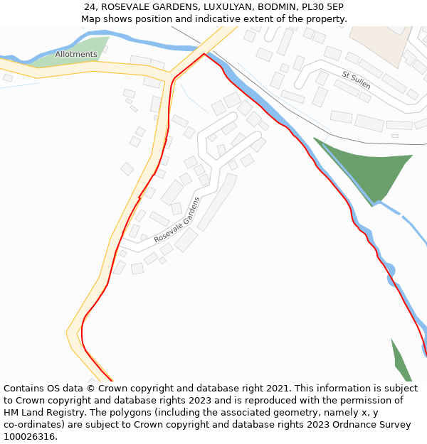 24, ROSEVALE GARDENS, LUXULYAN, BODMIN, PL30 5EP: Location map and indicative extent of plot