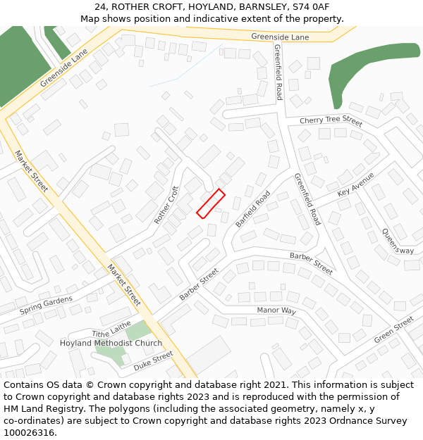 24, ROTHER CROFT, HOYLAND, BARNSLEY, S74 0AF: Location map and indicative extent of plot