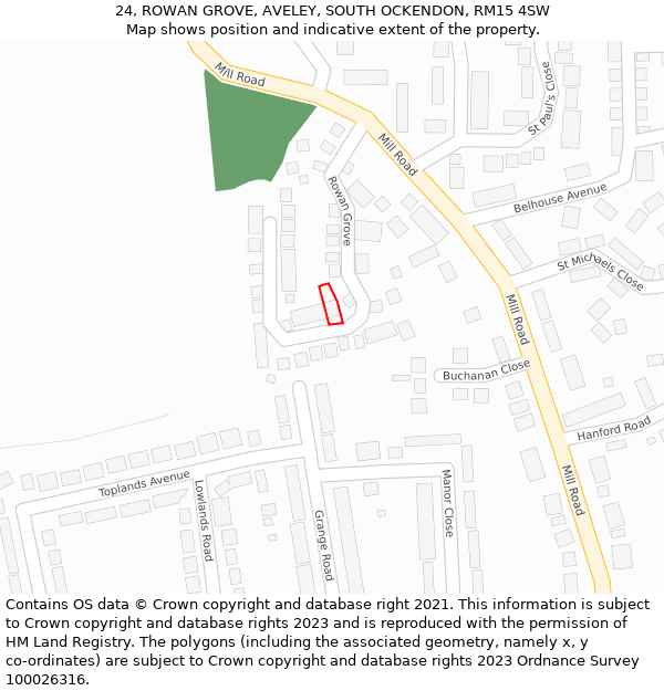 24, ROWAN GROVE, AVELEY, SOUTH OCKENDON, RM15 4SW: Location map and indicative extent of plot