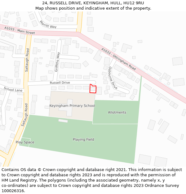 24, RUSSELL DRIVE, KEYINGHAM, HULL, HU12 9RU: Location map and indicative extent of plot