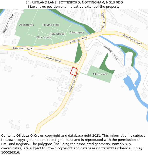 24, RUTLAND LANE, BOTTESFORD, NOTTINGHAM, NG13 0DG: Location map and indicative extent of plot