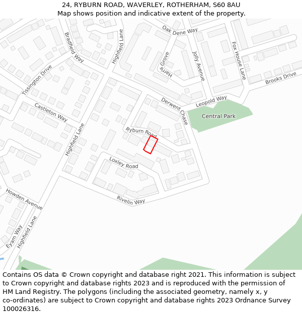 24, RYBURN ROAD, WAVERLEY, ROTHERHAM, S60 8AU: Location map and indicative extent of plot