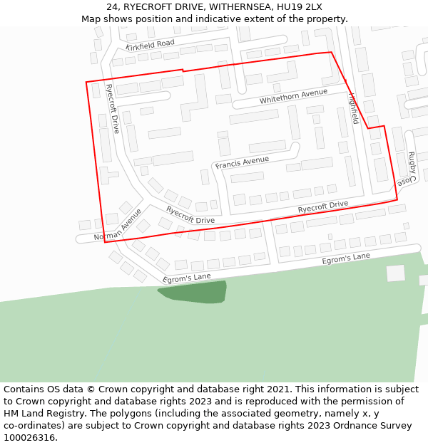 24, RYECROFT DRIVE, WITHERNSEA, HU19 2LX: Location map and indicative extent of plot