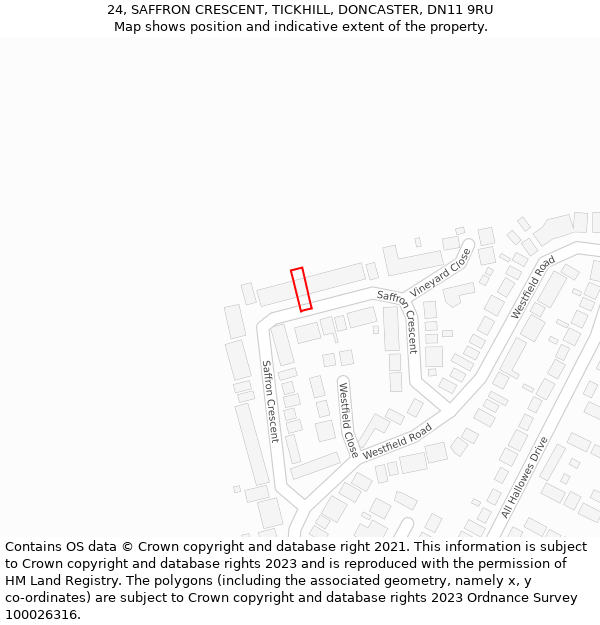 24, SAFFRON CRESCENT, TICKHILL, DONCASTER, DN11 9RU: Location map and indicative extent of plot