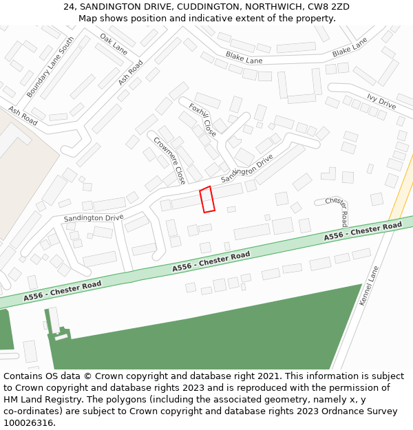 24, SANDINGTON DRIVE, CUDDINGTON, NORTHWICH, CW8 2ZD: Location map and indicative extent of plot