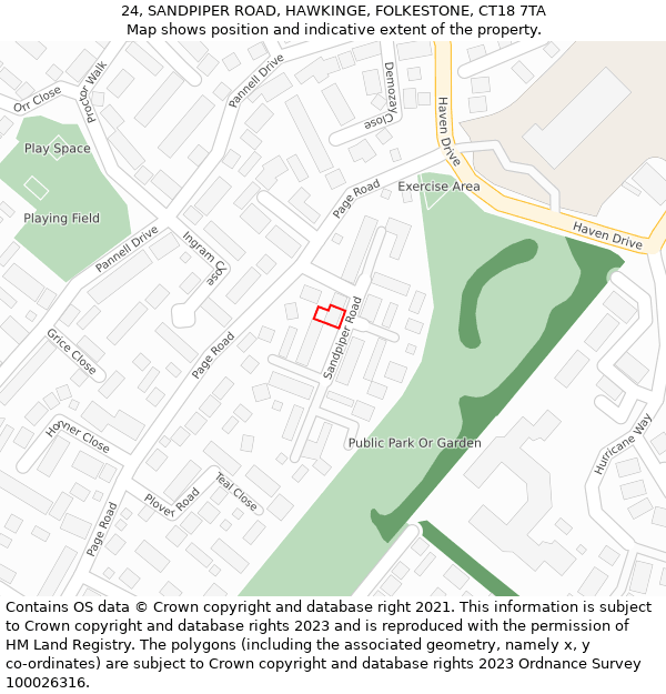 24, SANDPIPER ROAD, HAWKINGE, FOLKESTONE, CT18 7TA: Location map and indicative extent of plot