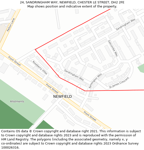24, SANDRINGHAM WAY, NEWFIELD, CHESTER LE STREET, DH2 2FE: Location map and indicative extent of plot