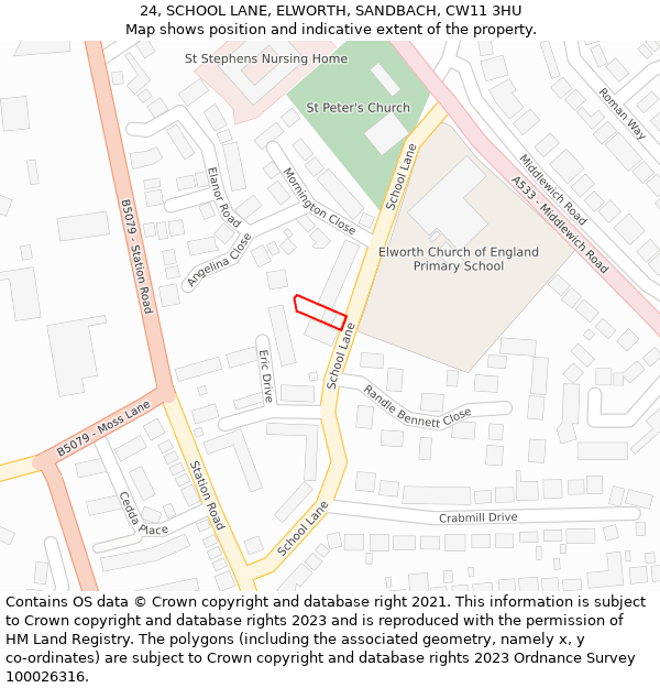 24, SCHOOL LANE, ELWORTH, SANDBACH, CW11 3HU: Location map and indicative extent of plot