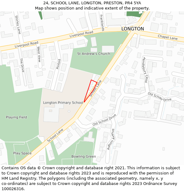 24, SCHOOL LANE, LONGTON, PRESTON, PR4 5YA: Location map and indicative extent of plot