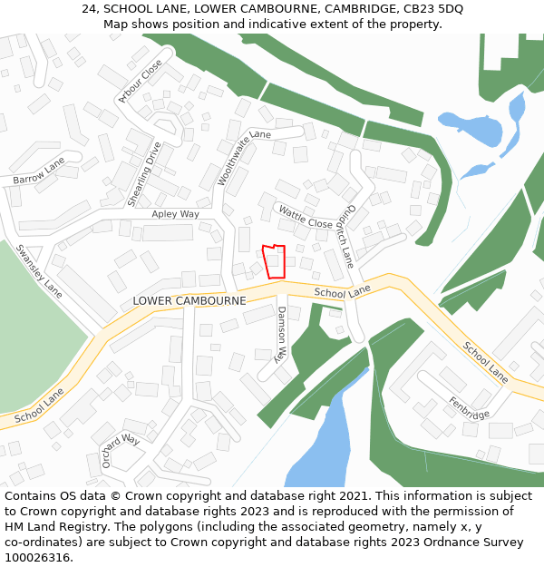 24, SCHOOL LANE, LOWER CAMBOURNE, CAMBRIDGE, CB23 5DQ: Location map and indicative extent of plot