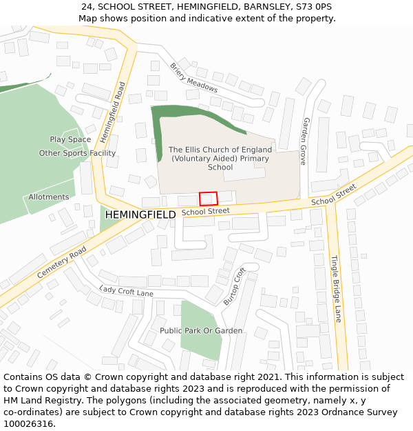 24, SCHOOL STREET, HEMINGFIELD, BARNSLEY, S73 0PS: Location map and indicative extent of plot