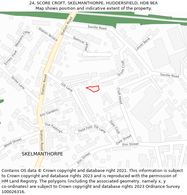 24, SCORE CROFT, SKELMANTHORPE, HUDDERSFIELD, HD8 9EA: Location map and indicative extent of plot