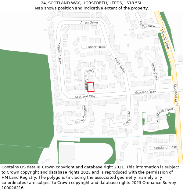 24, SCOTLAND WAY, HORSFORTH, LEEDS, LS18 5SL: Location map and indicative extent of plot