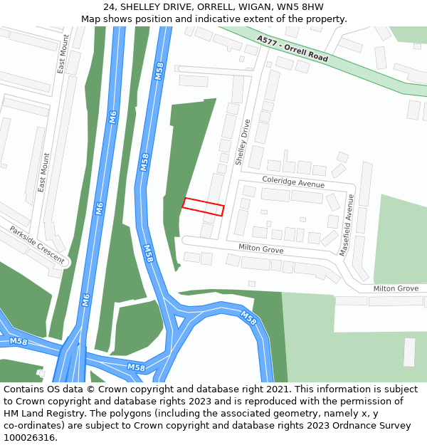 24, SHELLEY DRIVE, ORRELL, WIGAN, WN5 8HW: Location map and indicative extent of plot