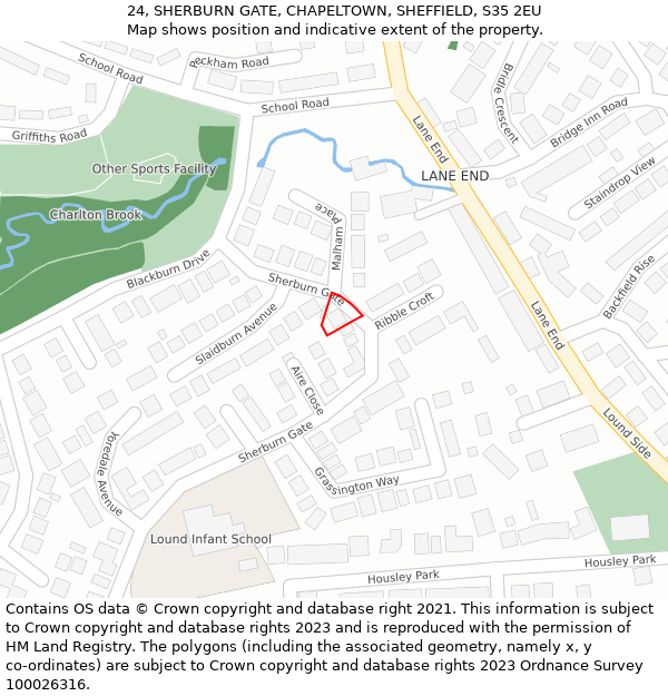 24, SHERBURN GATE, CHAPELTOWN, SHEFFIELD, S35 2EU: Location map and indicative extent of plot