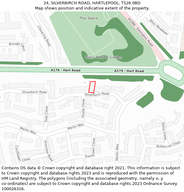 24, SILVERBIRCH ROAD, HARTLEPOOL, TS26 0BD: Location map and indicative extent of plot