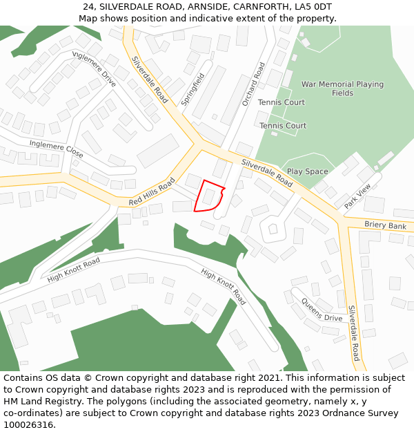 24, SILVERDALE ROAD, ARNSIDE, CARNFORTH, LA5 0DT: Location map and indicative extent of plot